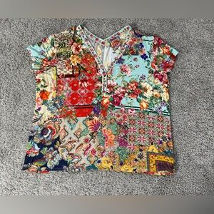 Johnny Was Otti Button Neck tee Multicolor patchwork top artsy mixed pattern